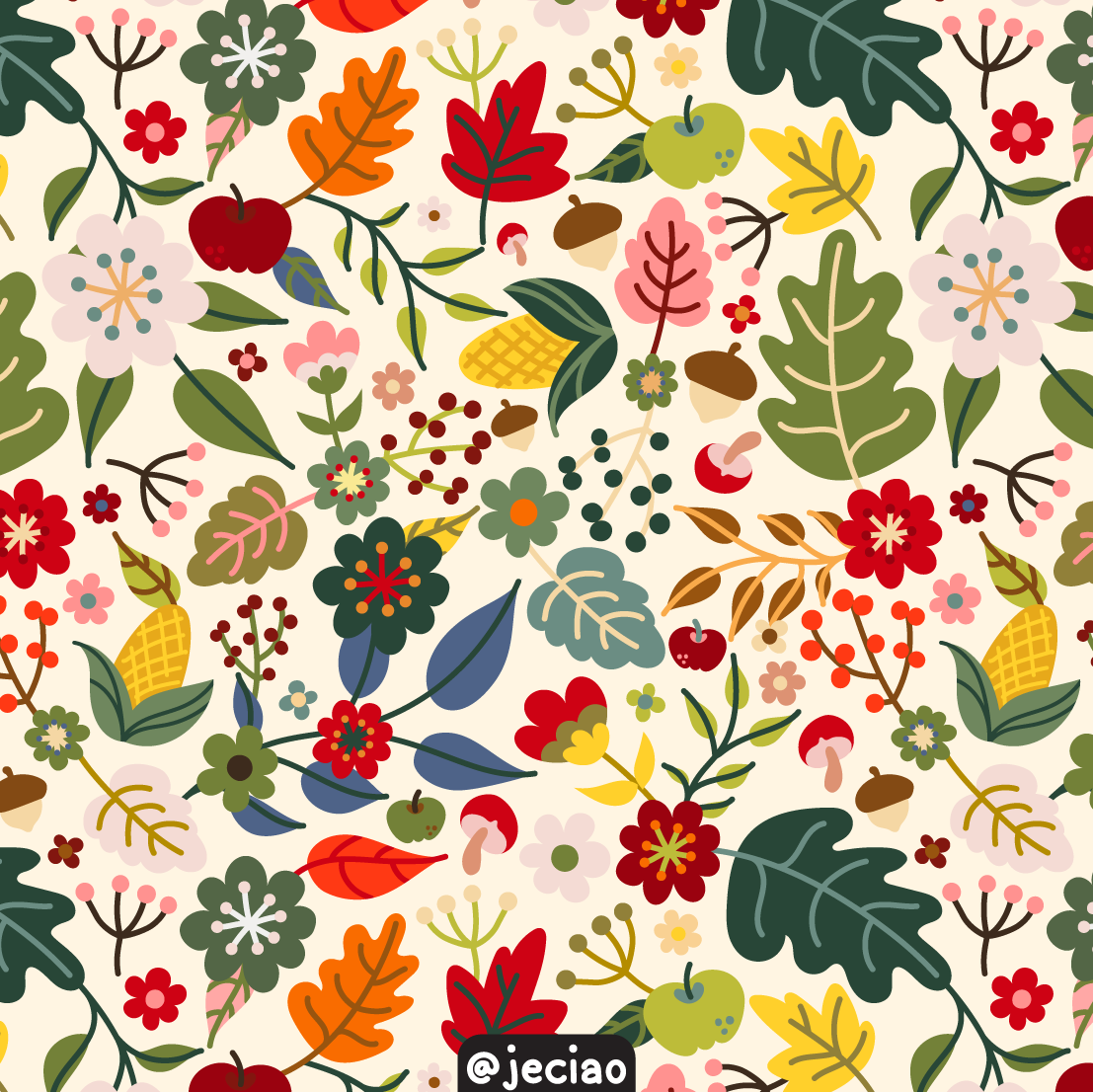 Plants, nuts, and fungi seamless pattern